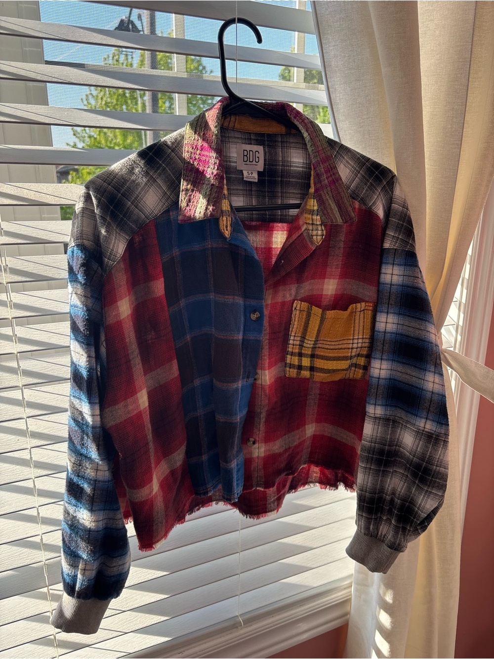 BDG Patchwork Plaid Cropped Flannel in Red, Blue, Yellow and Black